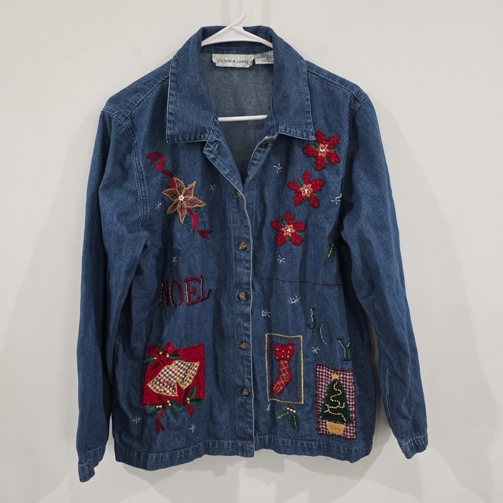 Vintage Victoria Jones Chambray‎ Button Up Top Size Large Christmas Embroidered